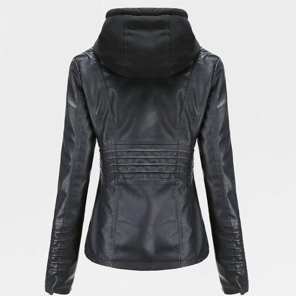 Tagoo Faux Leather Jacket Women Motorcycle Coat for Biker with Removable Hood - Picture 2 of 2